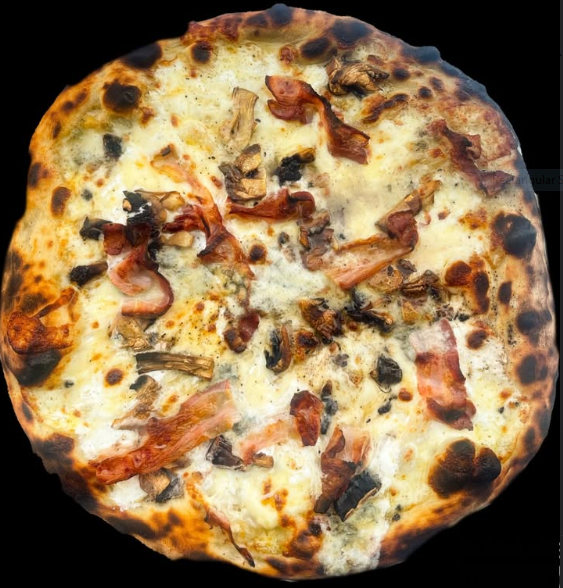 White pizza with pancetta and mushrooms
